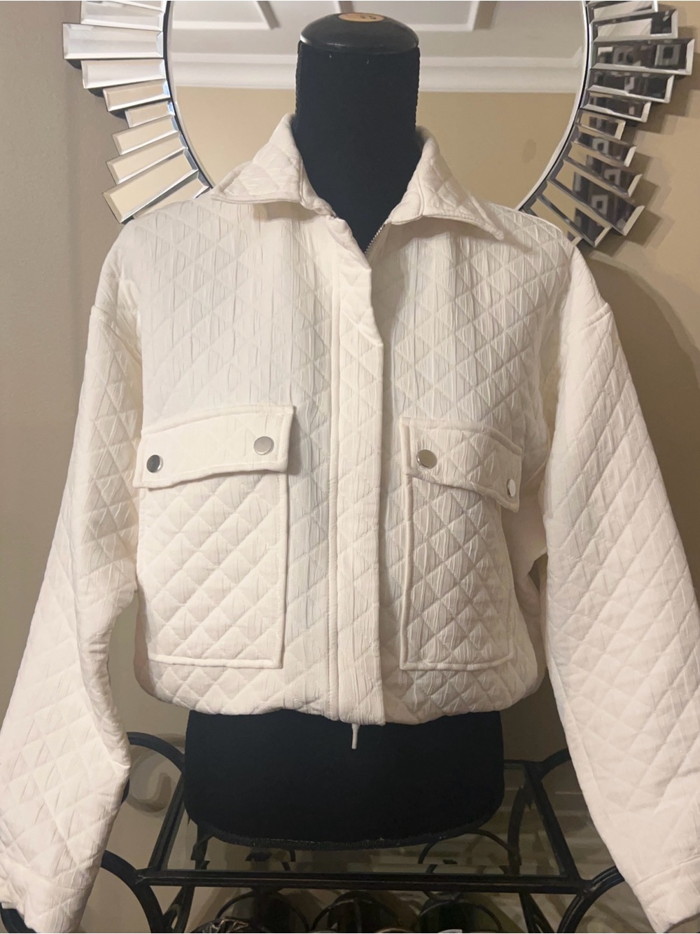 Zara Cream Quilted Bomber Jacket with Snap Pockets